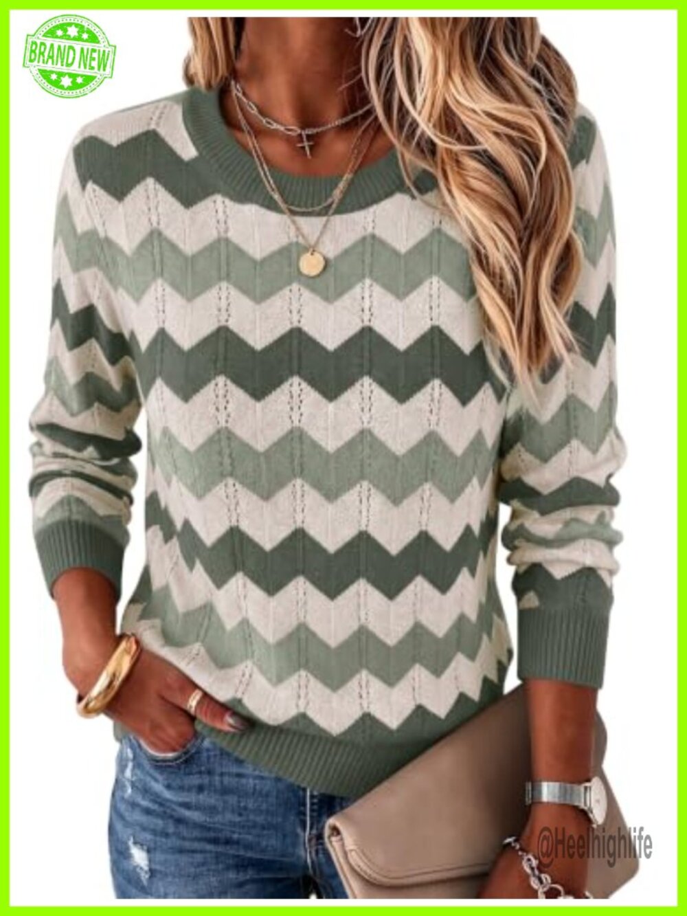 Womens Chevron Striped Crew Neck Long Sleeve Knit Sweater Pullover